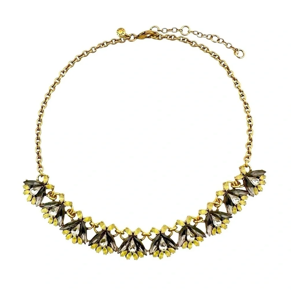 J Crew Necklace in Gray and Yellow Rhinestones and Gold Tone Chain